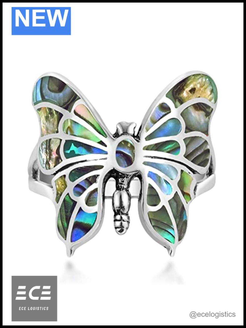 Sterling Silver Butterfly Abalone Shell Inlay Statement Ring